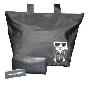 Karl Lagerfeld Paris Black Nylon Amour Tote and Leather Zip around Long Wallet